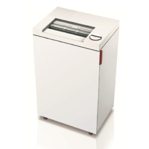 MBM Destroyit 2445 SMC Super Micro-Cut P-7 High Security Small Office Shredder shown with a compact, modern design featuring a visible cutting mechanism through a clear safety shield.