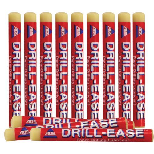 Twelve red Drill-Ease paper-drilling lubricant wax sticks are arranged in upright and horizontal.