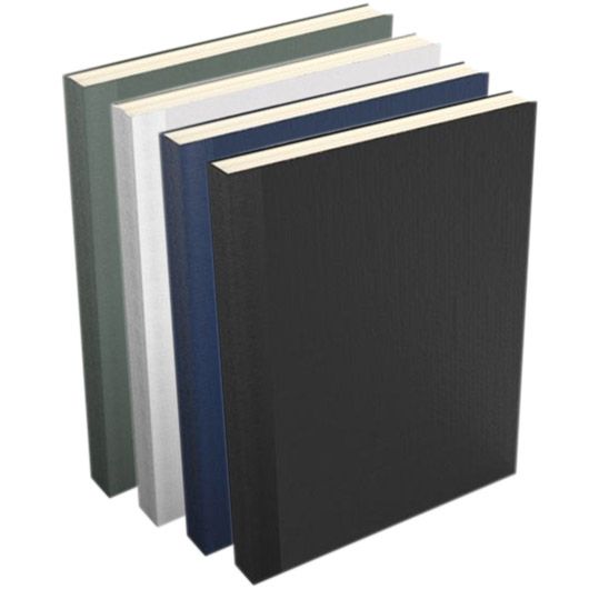 Four Fastback Easyback Buckram Linen Hard Covers in black, navy, white, and gray-green are shown standing upright in a staggered arrangement, highlighting their textured fabric finishes and squared spines.