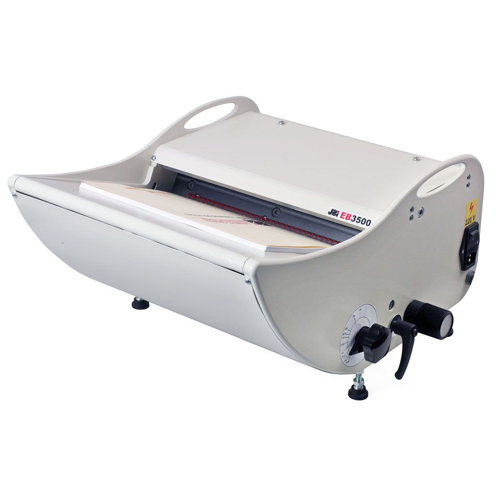 A James Burn EB Series Electric Wire Closer featuring a curved ergonomic design, an adjustable wire closing mechanism, and a document partially inserted into the closing area, highlighting its precision wire binding functionality.