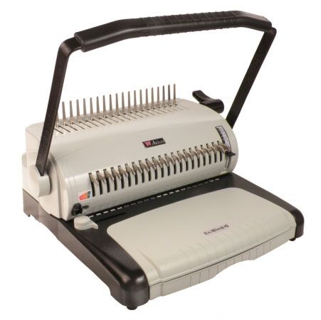 The Akiles EcoBind-C Manual Plastic Comb Punch & Binding Machine features a sturdy design with a black and white color scheme, a durable punching handle for manual operation, and a built-in comb opener for efficient document binding.