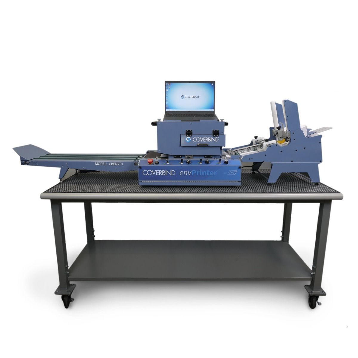 Coverbind envPrinter® CBENVP1 Envelope Printer Performance Bundle shown with integrated feeder, printer unit, and output conveyor.