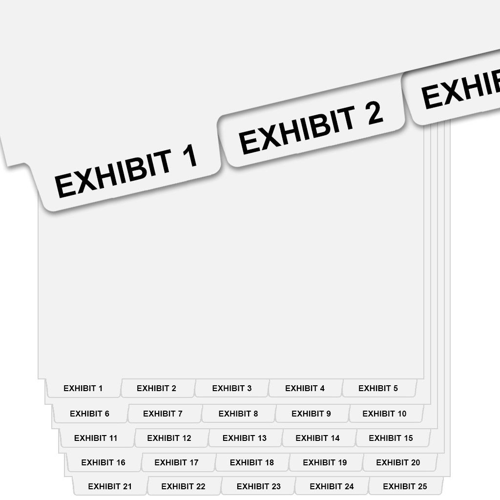A diagram showing the front and back views of the EXHIBIT 1 - "EXHIBIT 25" collated Avery style bottom exhibit number tab set, with the front displaying "EXHIBIT 1" through "EXHIBIT 13" and the back showing "EXHIBIT 14" through "EXHIBIT 25" arranged seque