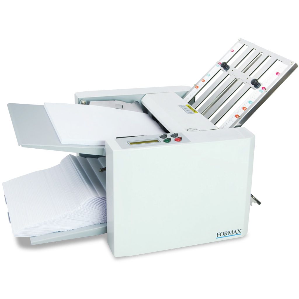 Formax FD 300 Desktop Automatic Paper Folder shown actively processing and stacking sheets, with a tilted feed tray, compact design, and simple control interface.