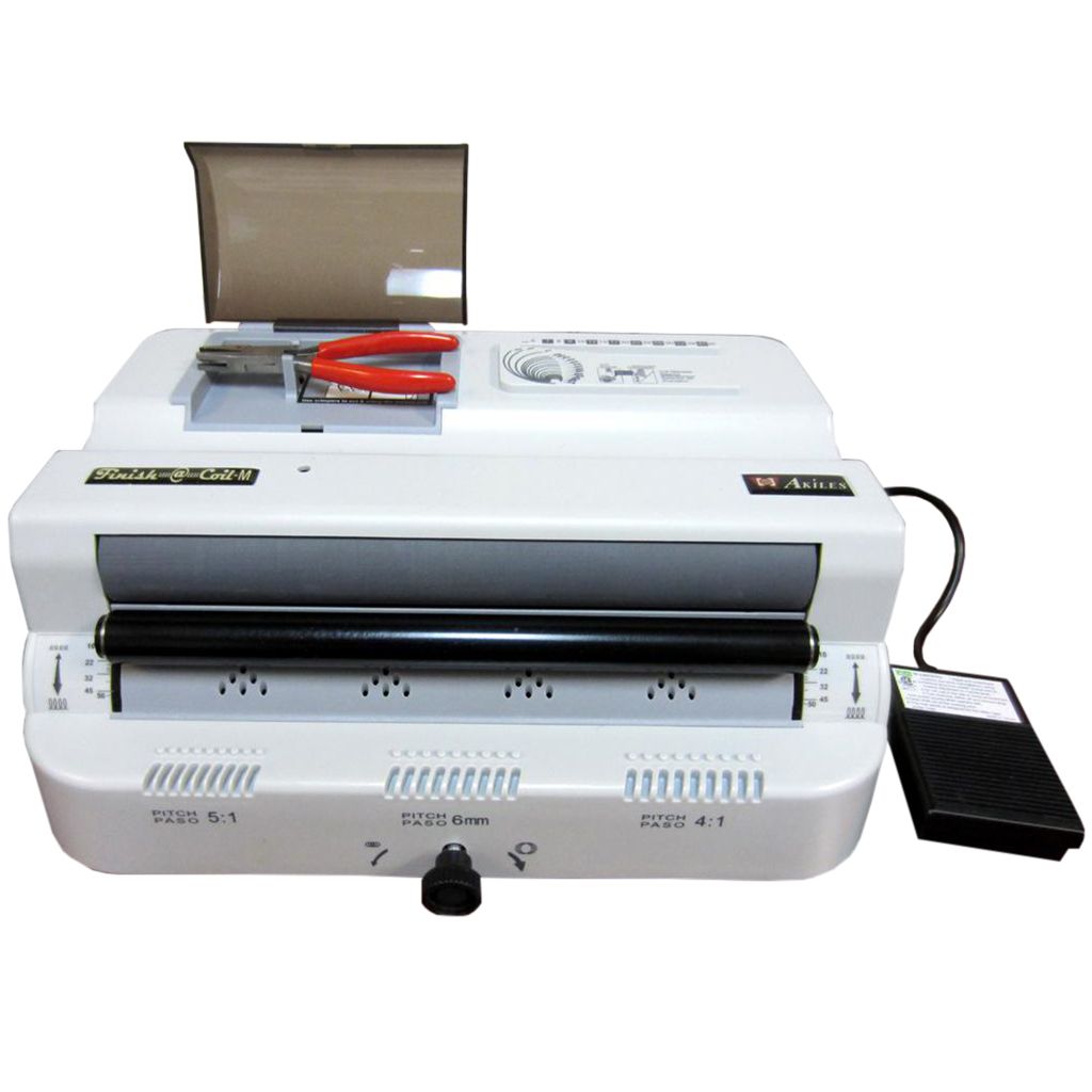A white Akiles Finish-@-Coil M Electric Coil Inserter with Manual Cutter Crimper Pliers, featuring a built-in roller for inserting spiral binding coils, a foot pedal for hands-free operation, and a storage compartment holding red-handled crimping pliers.