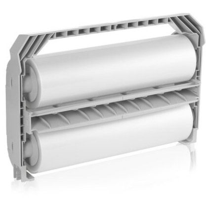 A close-up shot of a GBC Foton 30 Laminating Film Cartridge, a white cylindrical roll with a gray core.