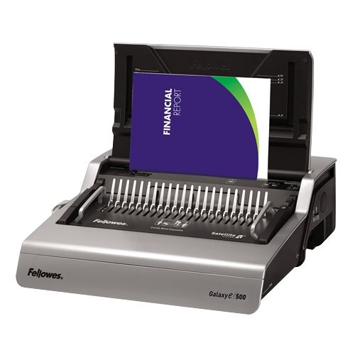 The Fellowes Galaxy E 500-Sheet Electric Comb Binding Machine is displayed with its open binding mechanism, showing a financial report being bound, featuring a durable metal comb opener and an integrated document measuring guide for precise binding.