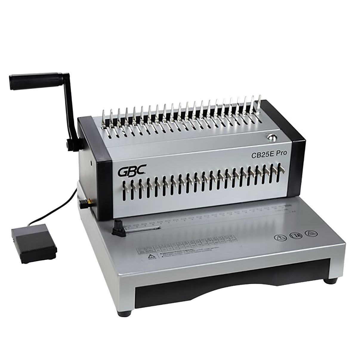 The GBC® CB25E PRO CombBind® Electric Comb Binding Machine features an electric punch mechanism, manual binding handle, and a durable metal housing designed for high-volume document finishing.
