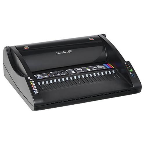 The GBC / Swingline CombBind C110e Plastic Comb Binding machine is a sleek, black electric binding system with a row of punching dies, an intuitive control panel, and instructional graphics for easy document binding.