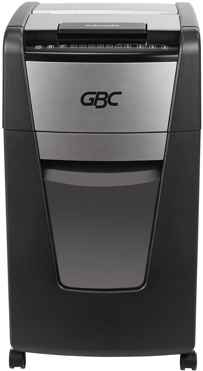 Front view of the GBC Stack and Shred 300X AutoFeed P-4 Cross Cut Commercial Shredder showing its sleek black and silver exterior with a large pull-out waste bin and labeled control panel.