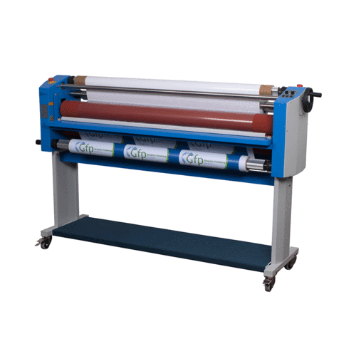 A GFP 355TH 55" Wide Format Cold Laminator, featuring blue and gray construction with material rolls.