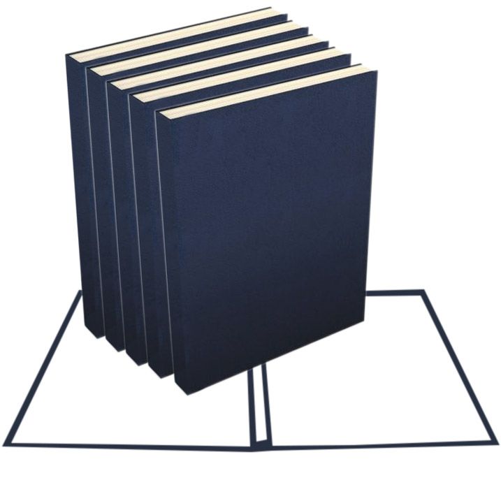 A set of 8.5" x 11" Dark Blue Composition Portrait Fastback Hardcovers stacked together with a rectangular frame in the background.