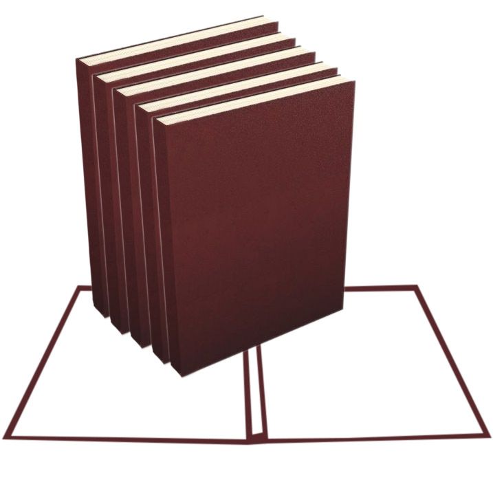 A stack of 8.5" x 11" Maroon Composition Portrait Fastback Hardcovers placed next to matching endleaves.