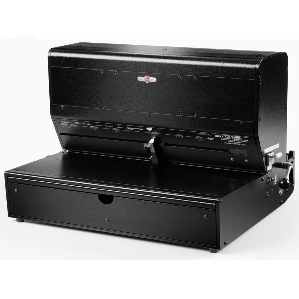 The Rhin-O-Tuff ONYX HD7500 Interchangeable Electric Binding Punch is a heavy-duty punching machine designed for high-volume binding, featuring an extra-wide punching throat, a durable metal build, and an interchangeable die system for versatile punching 