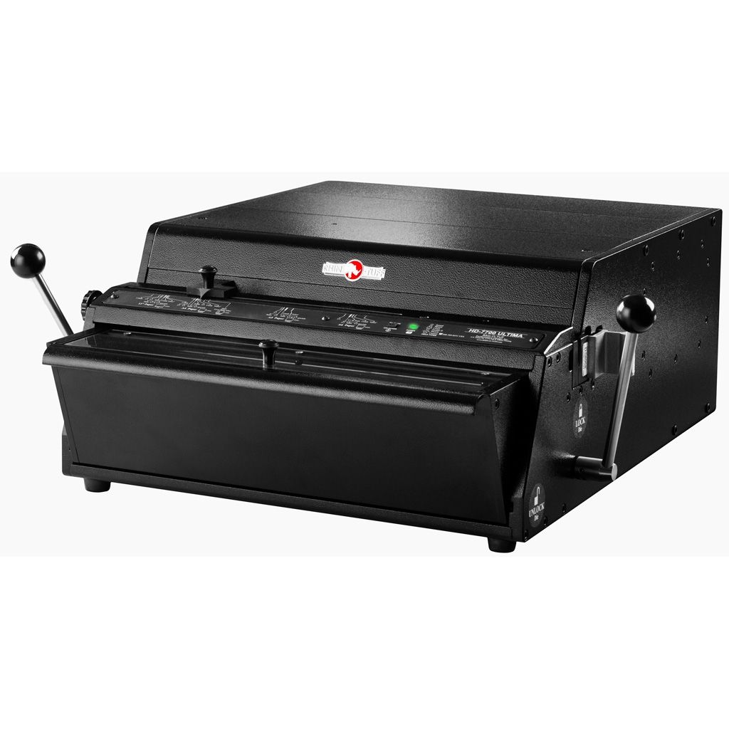 The Rhin-O-Tuff ONYX HD7725 Ultima Heavy Duty Electric Binding Punch is a black metal machine with dual lever handles, an interchangeable die system, and a locking mechanism, designed for high-capacity punching in professional binding applications.