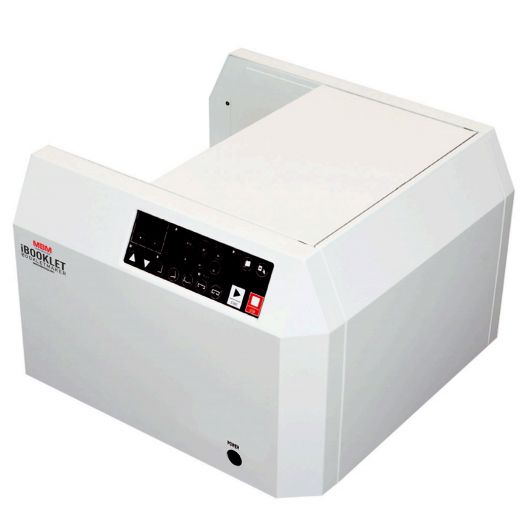 MBM iBooklet Booklet Maker shown with a compact, desktop-friendly design and digital control panel.