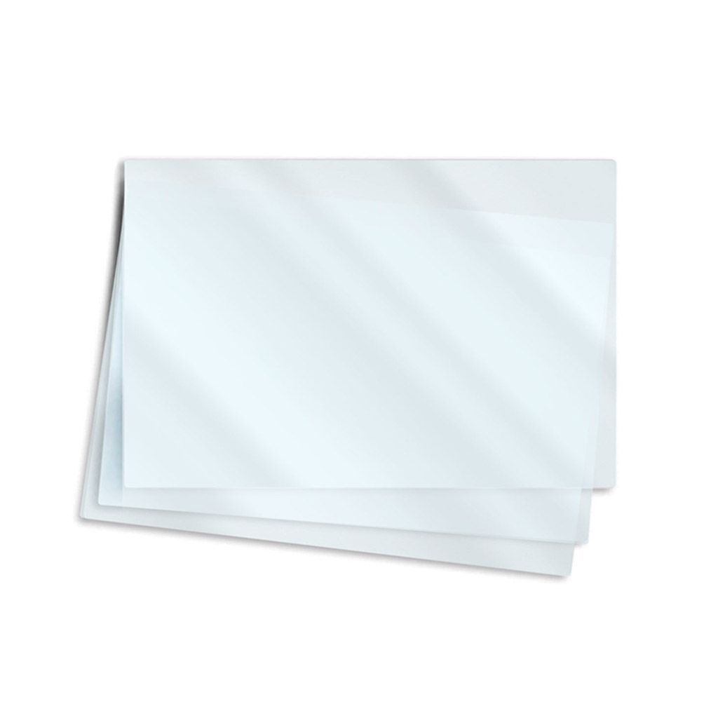 A stack of clear, glossy 3-1/2" x 5-1/2" Index Card/Photo Laminating Pouches is shown slightly fanned out.