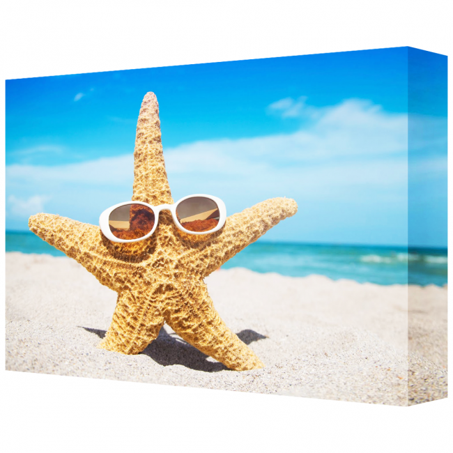 A starfish wearing sunglasses on a sandy beach under a clear blue sky, featured in vibrant detail on JetMaster® Photo Wraps.