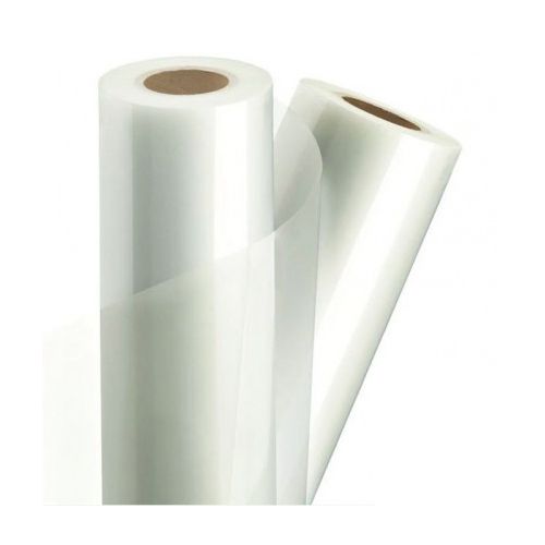 Two upright rolls of 3 Mil Gloss Premium Thermal Laminating Film are displayed with one roll slightly unspooled, revealing the shiny, transparent film and brown cardboard core.