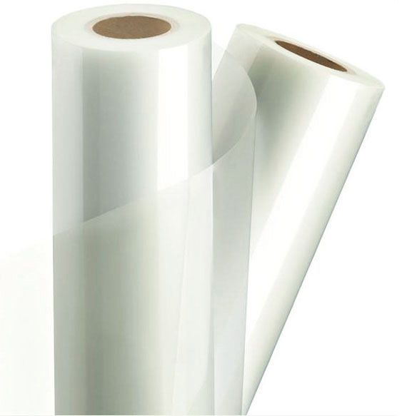 Two rolls of clear 1.5 Mil Standard Laminating Film are shown standing upright, with one partially unrolled to display the glossy, transparent surface.