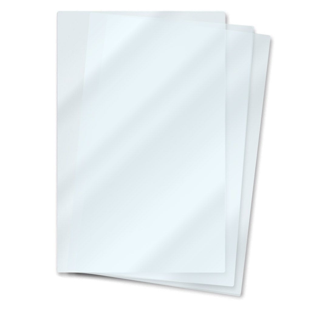 A stack of three clear, rectangular plastic sheets with subtle shadow lines.