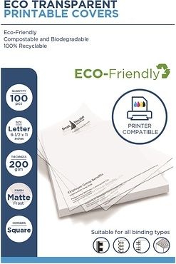A product sheet displays Eco Transparent Printable Covers as eco-friendly, matte-frosted, printer-compatible sheets sized 8.5" x 11" with square corners, suitable for various binding styles.