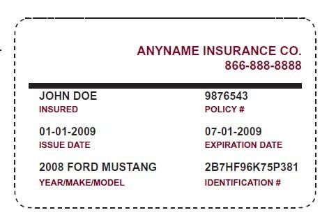 Sample insurance card layout displaying personal details, vehicle information, and policy data.