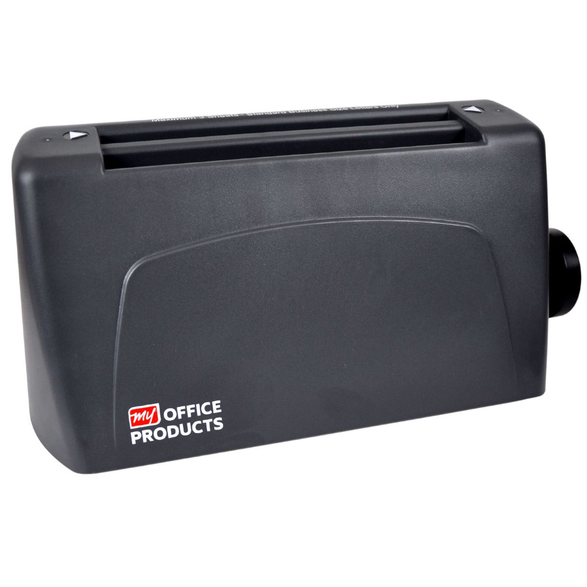 Martin Yale P6500 Manual Paper Folder in black plastic housing with top-loading paper slot and control knob on the side, labeled with the MY Office Products logo.