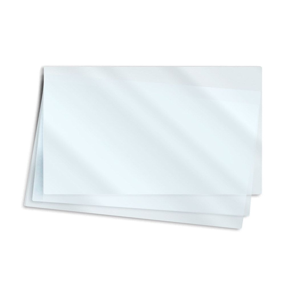 A stack of three 4-5/8" x 2-7/8" Memorial Card Laminating Pouches is shown slightly fanned out, with glossy surfaces reflecting light.
