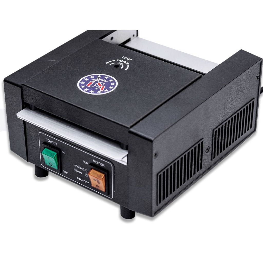 Close-up view of the compact Model 5500 TLC 4 ⁷/₁₆" ID Card Mini Pouch Laminator featuring a black metal casing, temperature control dial, and labeled power and motor switches on the front panel.