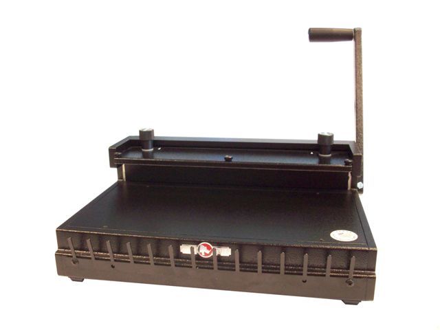 The Rhin-O-Tuff® ONYX HD8000 Heavy Duty 14" Wire Closer features a durable black metal construction with a right-side closing handle, adjustable knobs for precise wire closure, and a wide 14-inch closing bar for handling large binding projects.
