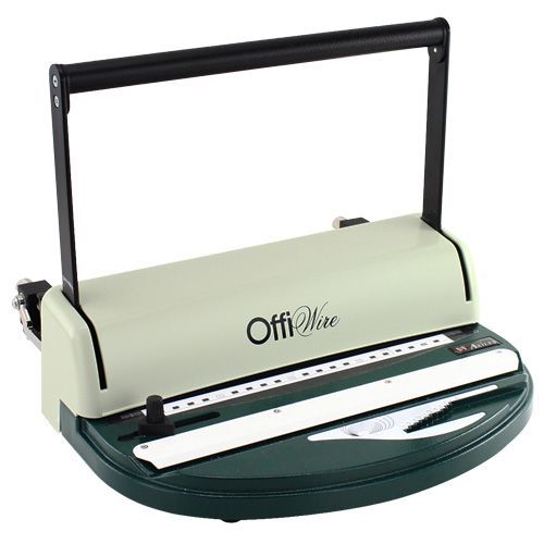 The Akiles OffiWire 2:1 Small Wire Binding Machine features a compact design with a green and beige metal body, a black wire closing handle, a punch alignment guide, and a built-in measuring scale for selecting the appropriate wire size.