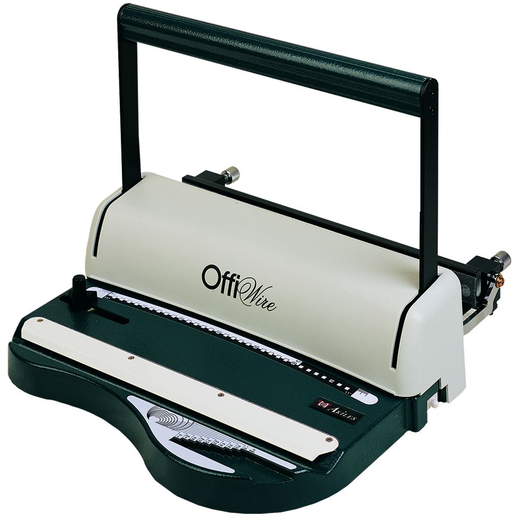The Akiles OffiWire 3:1 Wire-O® Binding Machine features a sturdy metal construction with a green and beige color scheme, a vertical wire closer, a punching handle for manual operation, an adjustable side margin control, and a built-in wire size selector 