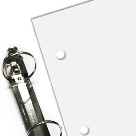 A sheet of 3-Hole Punched Paper, Letter Size 8.5" x 11", is aligned next to an open metal ring binder, showing clean, evenly spaced punch holes.