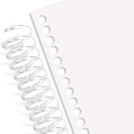 A clear plastic coil is positioned next to a sheet of Spiral Binding Coil Punched Paper, Letter Size 8.5" x 11", showing evenly spaced round holes for binding.