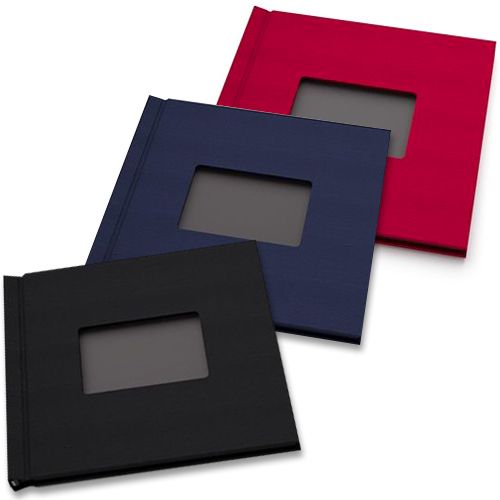 Three 8" H x 8" W Square Pinchbook™ Hardcover Photo Books with Window in black, navy blue, and red are stacked in a fanned layout, each featuring a centered rectangular cutout on the front cover.