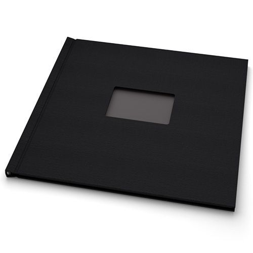 A Black Linen Cloth 12" H x 12" W Square Pinchbook™ Hardcover Photo Book with Window is displayed closed on a white surface, featuring a centered die-cut window on the front cover for customizable labeling or photo inserts.
