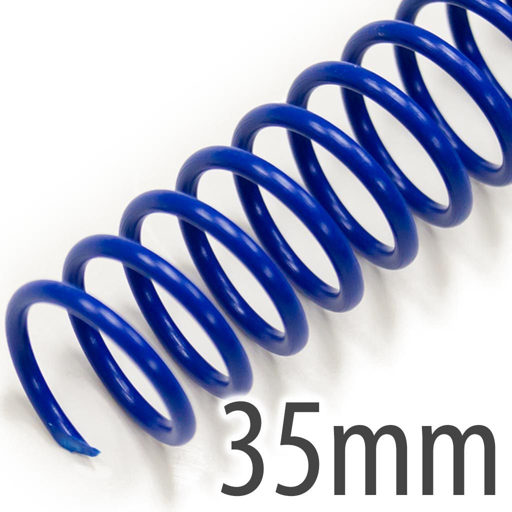 A close-up view shows a thick blue spiral plastic coil with "35mm" overlaid.