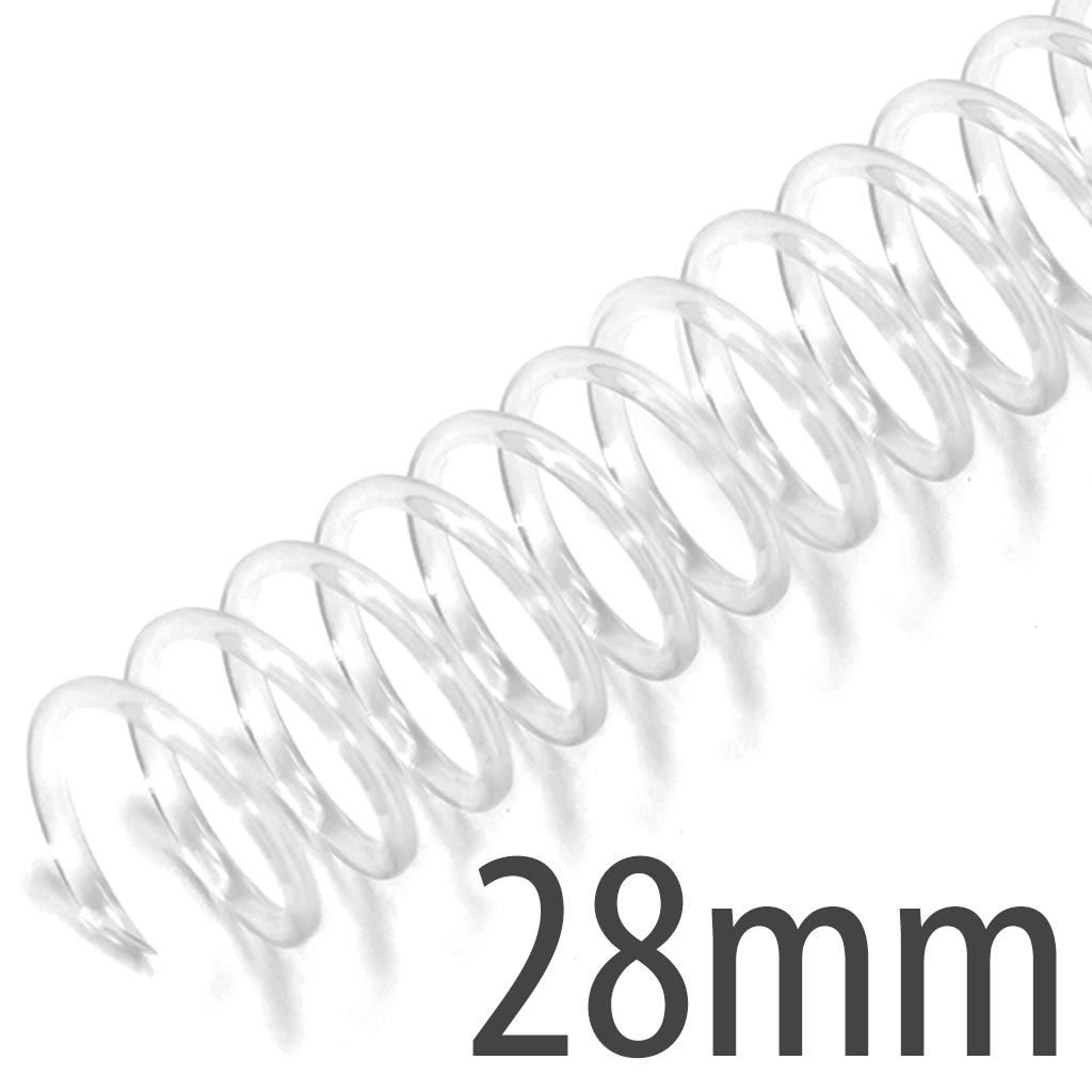 28mm (1-1/8") Clear Spiral Plastic Coils [12" Long, 4:1 Pitch, 250 Sheet Capacity (approx)] (100/Box)