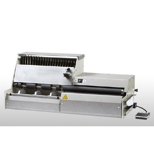The PBS 1650 Total Koil Binder - Model A (.2475 / 3:1 pitch coil) is a high-capacity electric coil binding machine with an integrated punch system, featuring a row of disengageable die pins, a foot pedal for hands-free operation, and a durable metal const