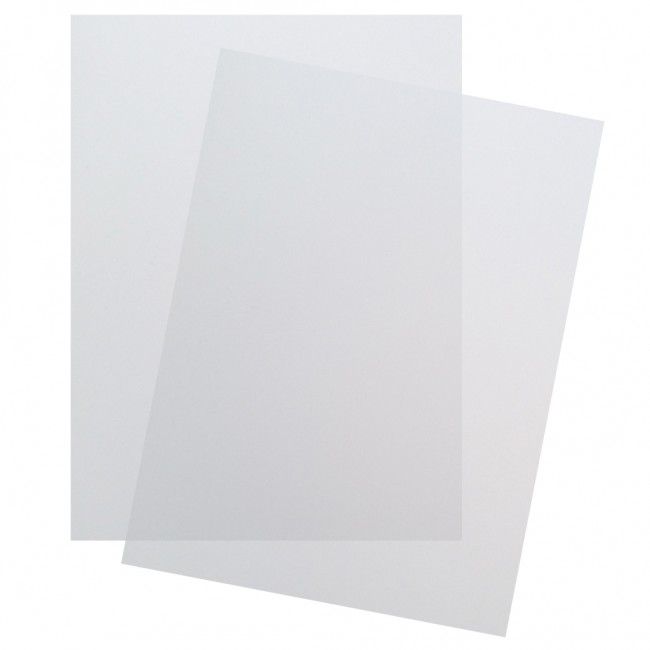 Two slightly overlapping 8.5" x 11" Clear Poly Matte/Frost Covers are shown with a semi-transparent, frosted appearance and smooth, squared edges.