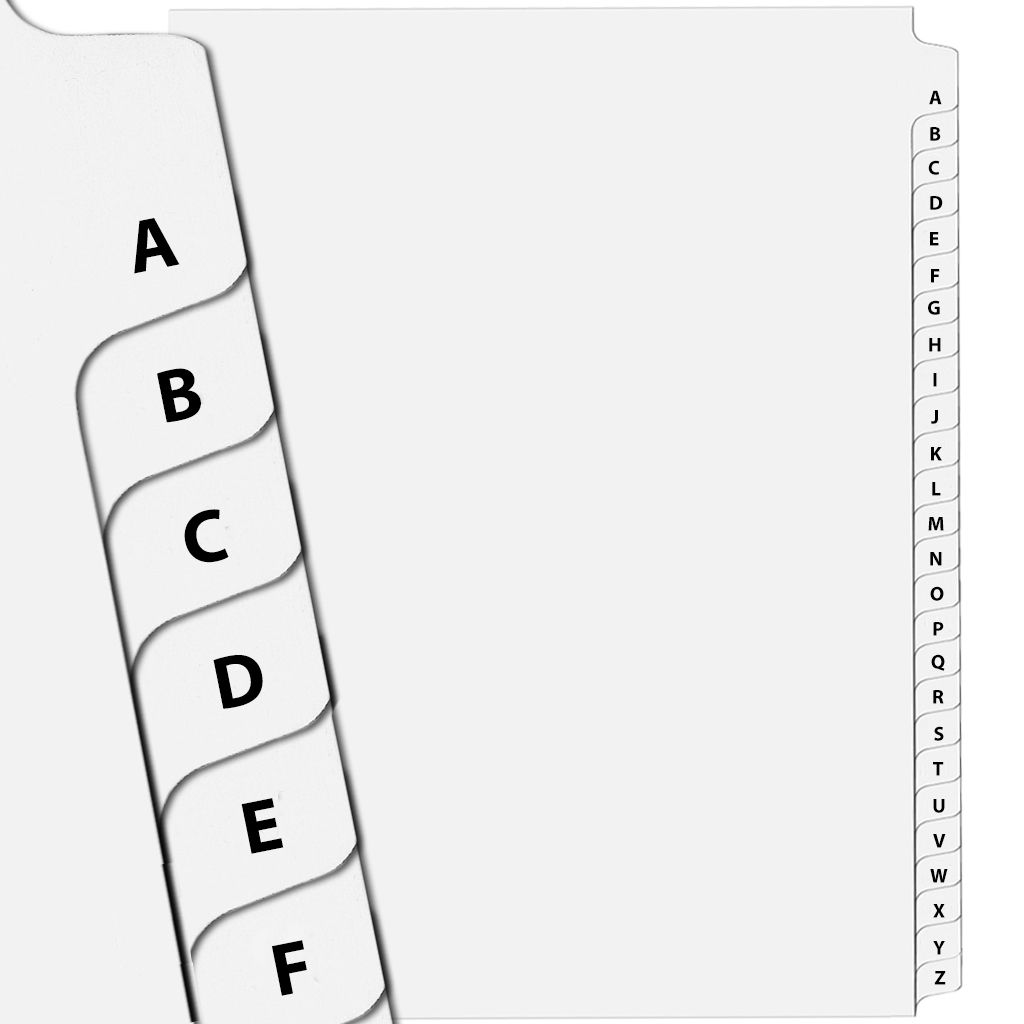 A diagram showing the front and back views of A - "Z" collated Avery style side letter tabs, with the front displaying the first 13 letters and the back showing the remaining letters, arranged sequentially along the right edge.