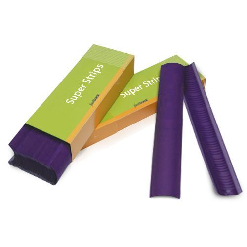 Purple 11" Wide Powis Parker Fastback Super Strips displayed with an open box, showing the textured binding strips designed for durable document binding.