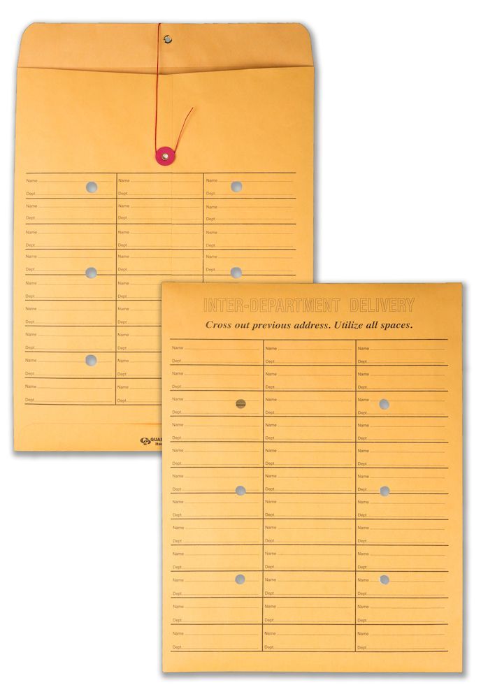 Quality Park® 10" x 13" Two-Sided Three-Column Format Inter-Departmental Envelopes [Brown Kraft, String & Button Closure] - 100/Box