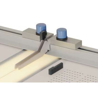 Close-up view of adjustable positioning tools and quick-change spacers for Fastbind Casematic Equipment, designed to control the gap between cover and spine boards with precision.