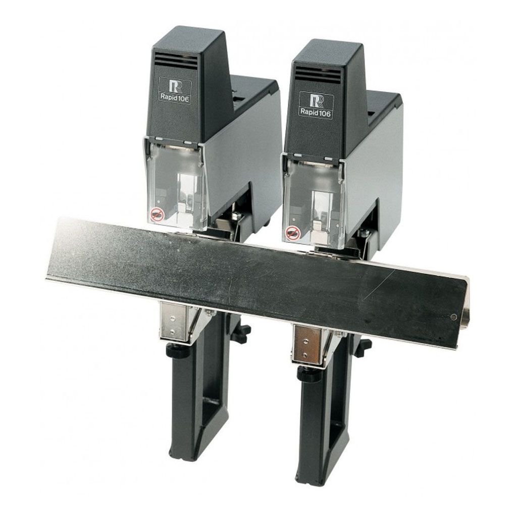 Dual Rapid 106 Electric Saddle Stapler & W106K Group Stapling Kit Package with mounting bar for synchronized stapling.