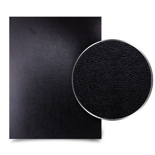 A full sheet of Sedona Black Premium 17pt Vinyl Report Covers is shown with a magnified view highlighting its textured, leather-like finish and deep black color.