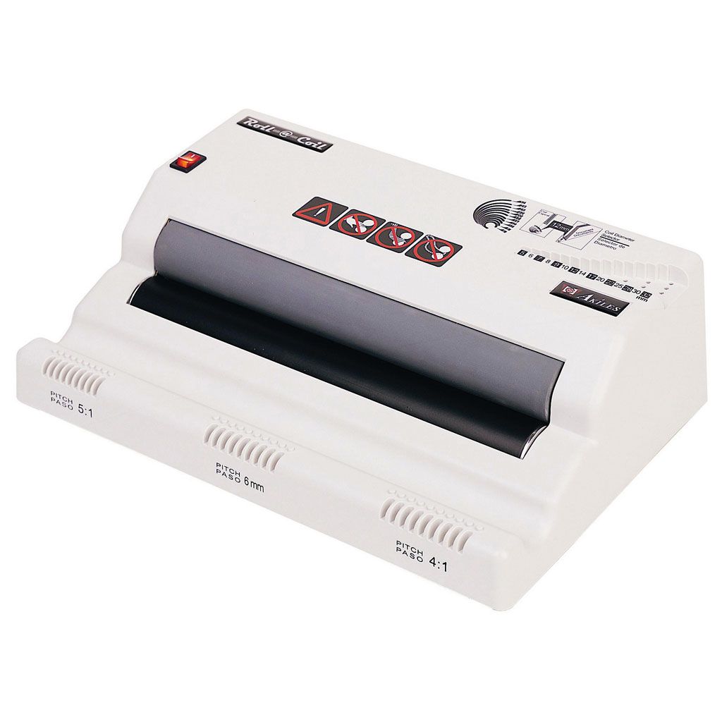 The Akiles Roll-@-Coil Plastic Spiral Binding Coil Inserter is a compact, electric coil inserting machine designed with a rubber roller for smooth coil insertion and multiple pitch compatibility for various spiral binding needs.