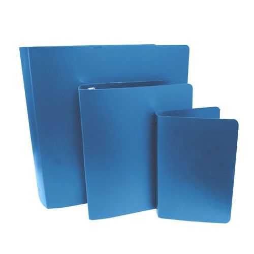 A collection of royal blue letter size poly binders displayed in various sizes.