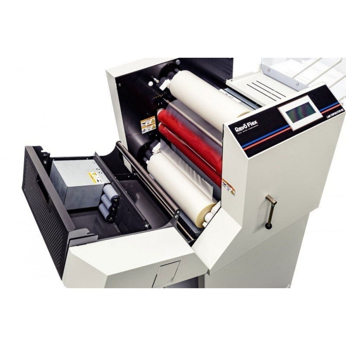 The Revo Flex 13" Automatic Encapsulation Laminator is shown with its cover open, displaying internal rollers, film threading paths, and control touchscreen.